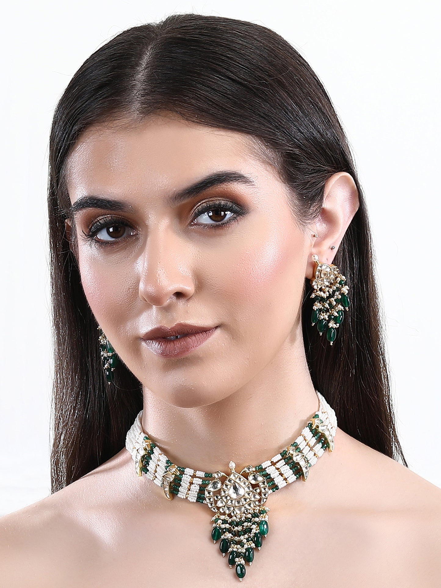 22KT Gold Plated Kundan Classic Green Choker Necklace Set for women and Girls