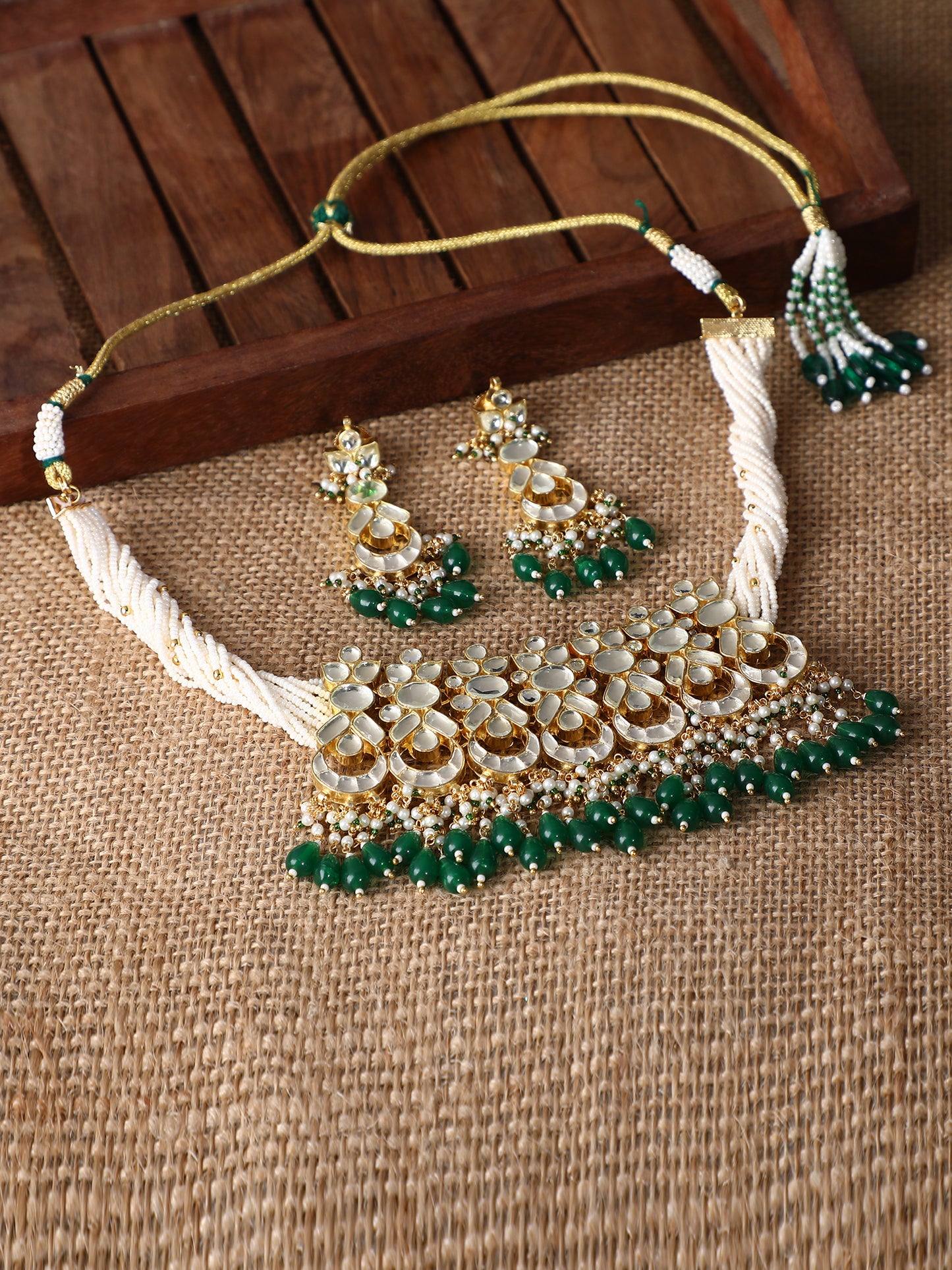 22KT gold Plated Kundan Classic Green Choker Necklace Set for women and Girls