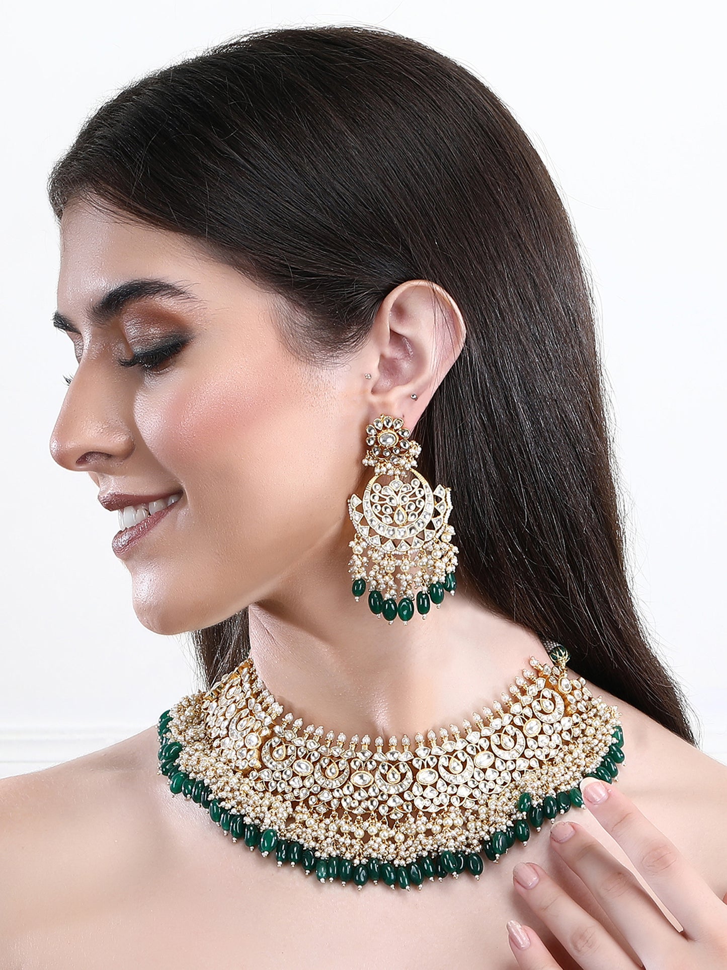 22KT Gold Plated Kundan Classic Green Necklace Set For women and Girls