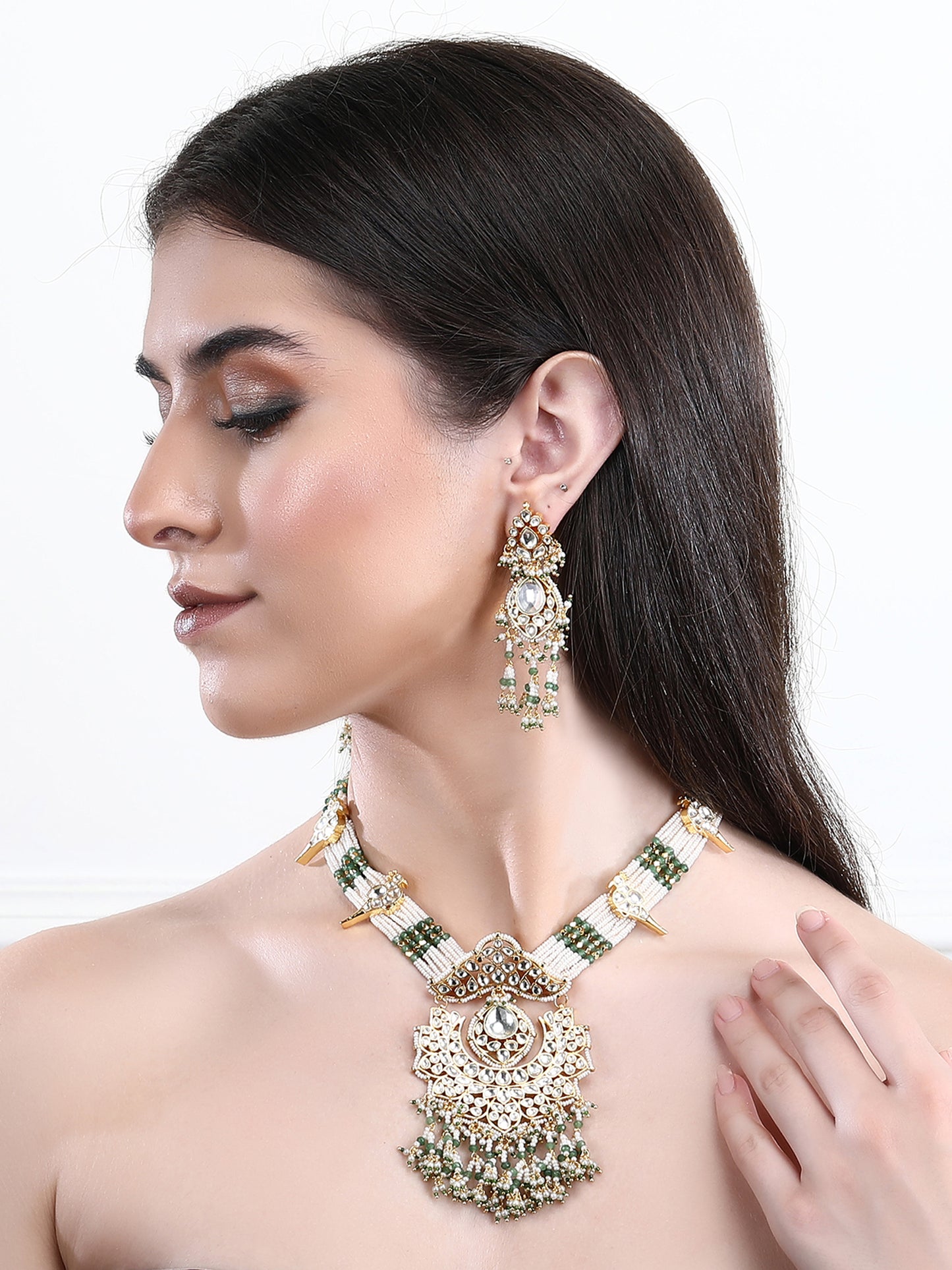 Shop now Kundan Classic Green Necklace Set For women and Girl