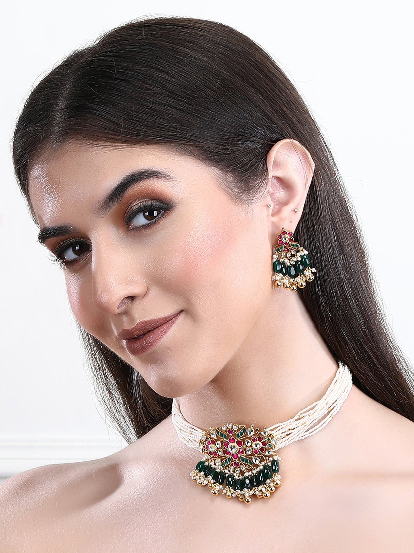 Buy Gold 22KT Necklace Se Gold Plated Kundan Red and Green Choker