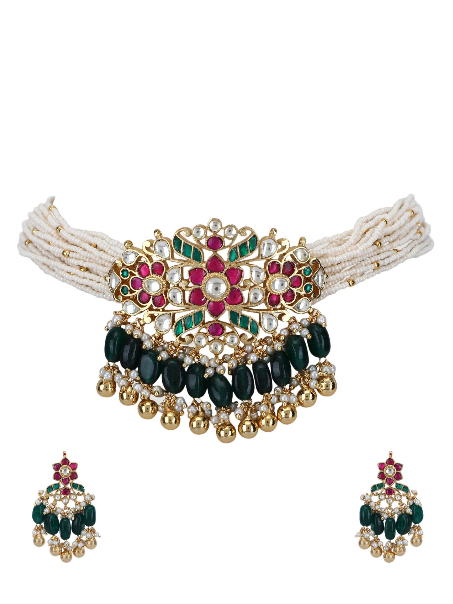 Gold Plated Kundan Red and Green Choker