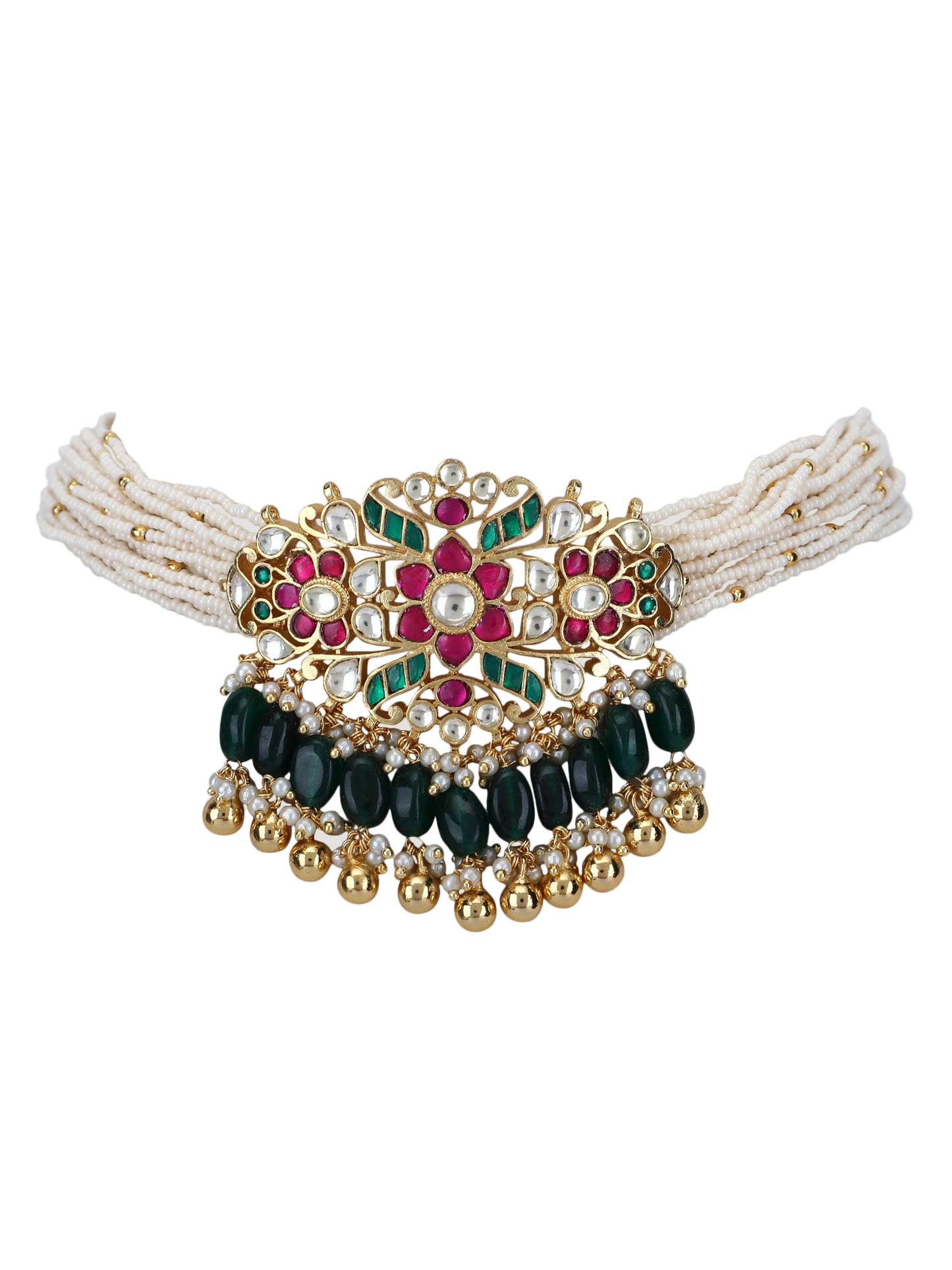Buy Gold 22KT Necklace Se Gold Plated Kundan Red and Green Choker