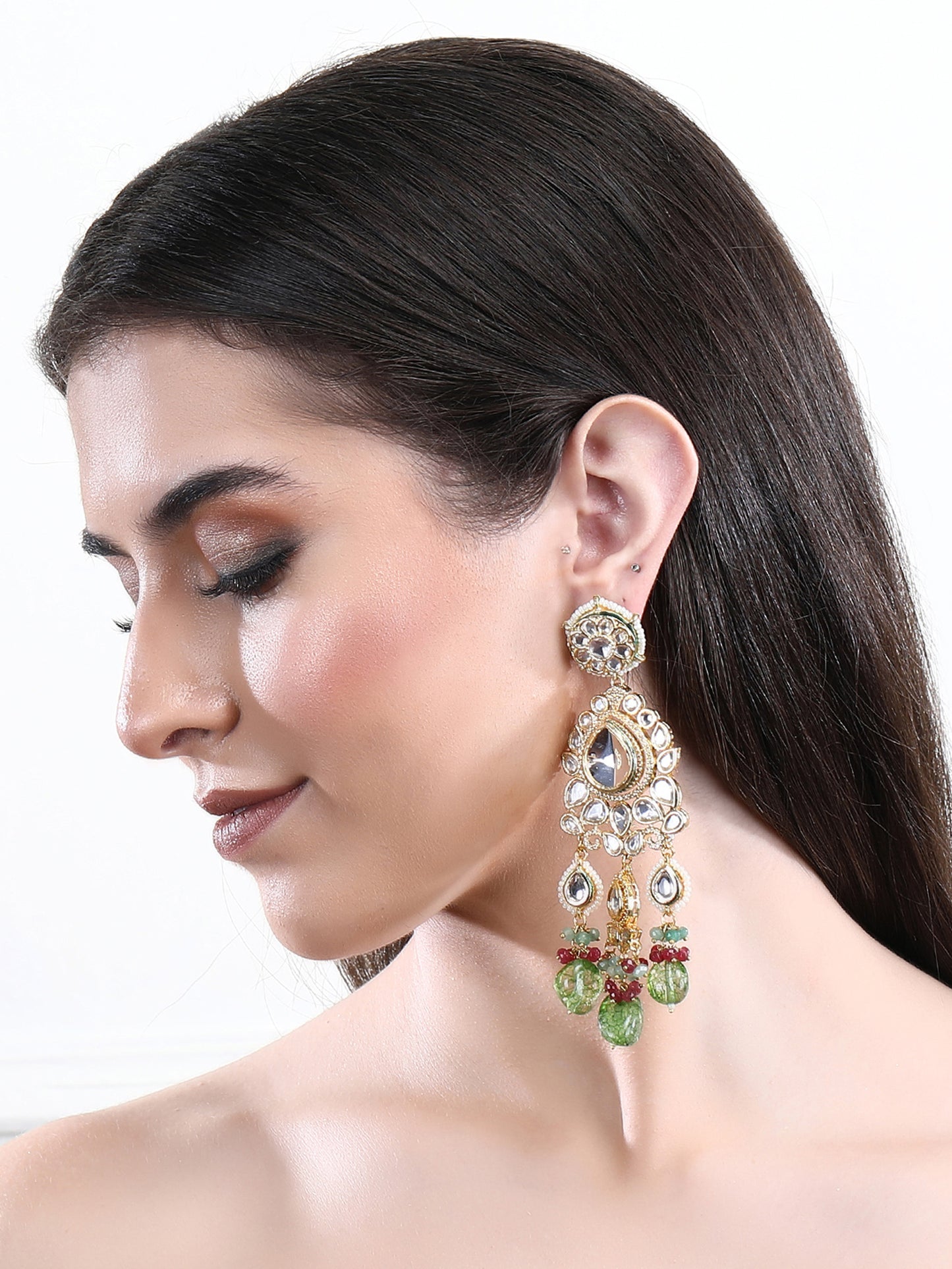22KT Gold Plated Kundan Classic Green Earring Set For women and Girls