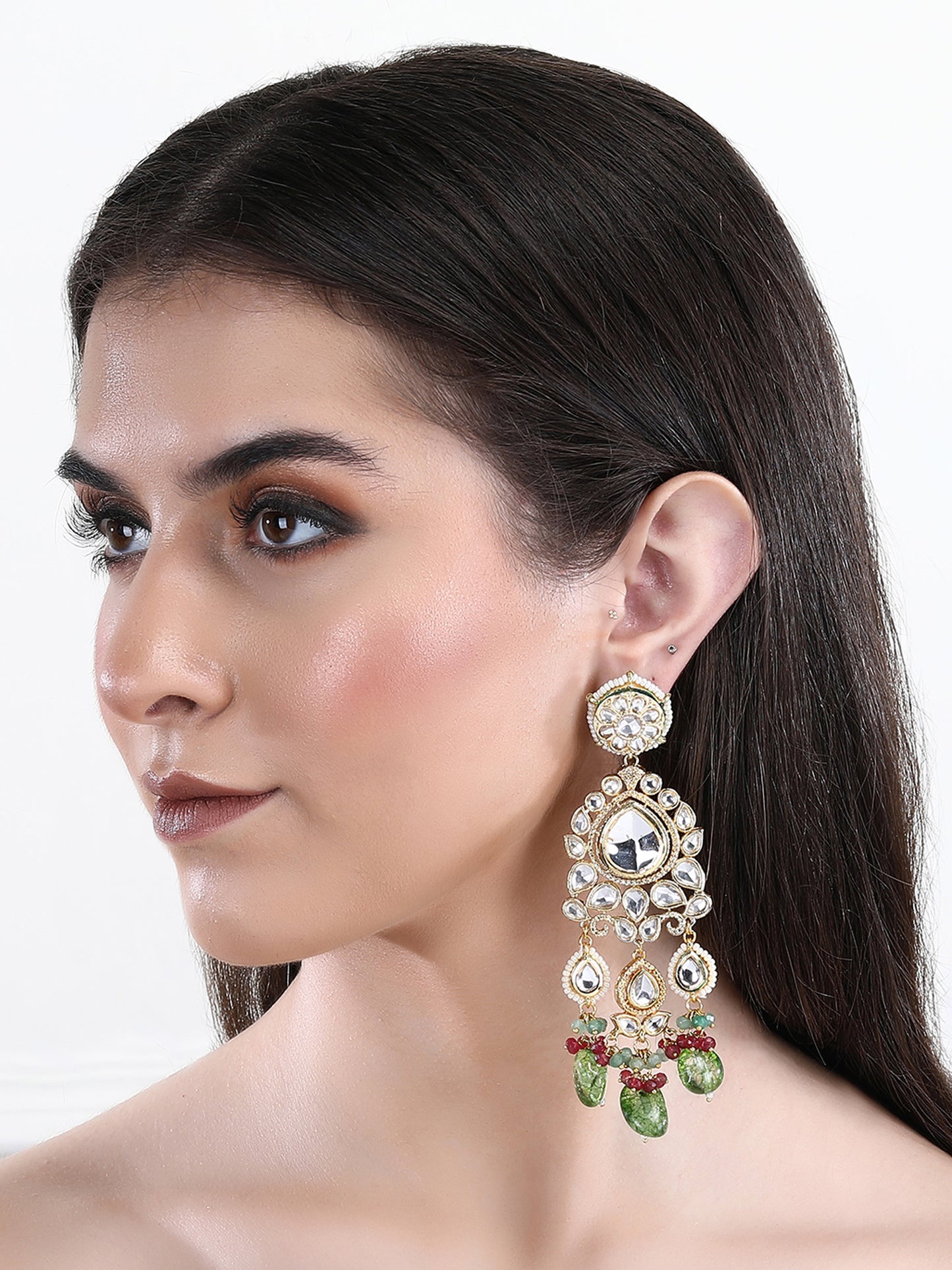 22KT Gold Plated Kundan Classic Green Earring Set For women and Girls