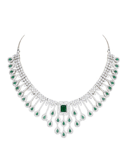 Rhodium Plated American Diamond Zircon Green Necklace Set For Women and Girls