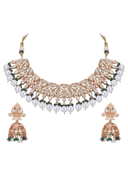 22KT Gold Plated Kundan Classic Green Beads Necklace Set