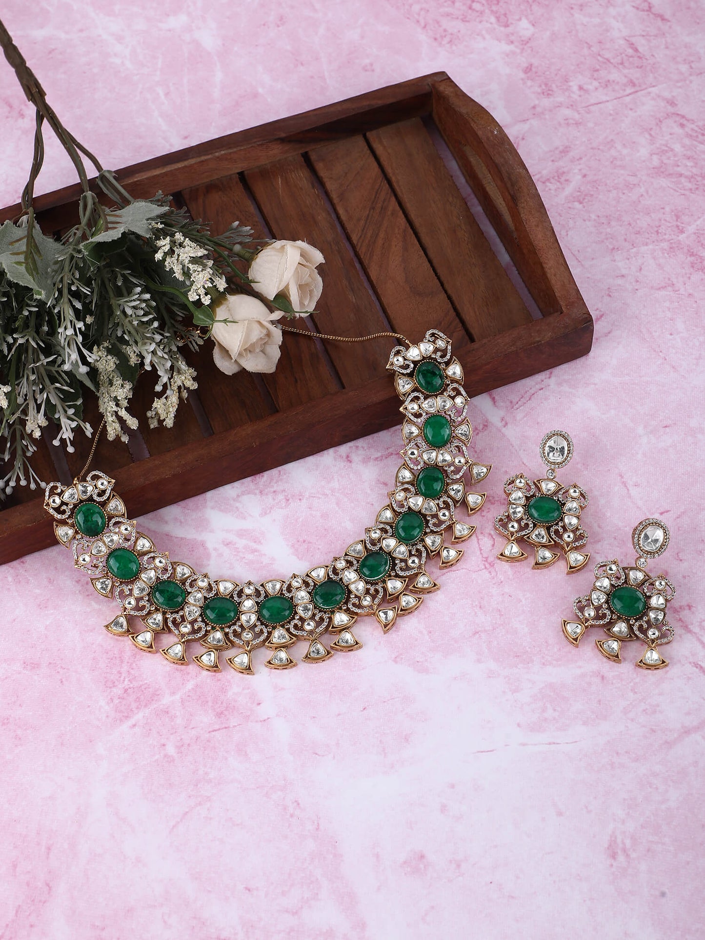 22KT Gold Plated Kundan Classic Green Necklace Set
