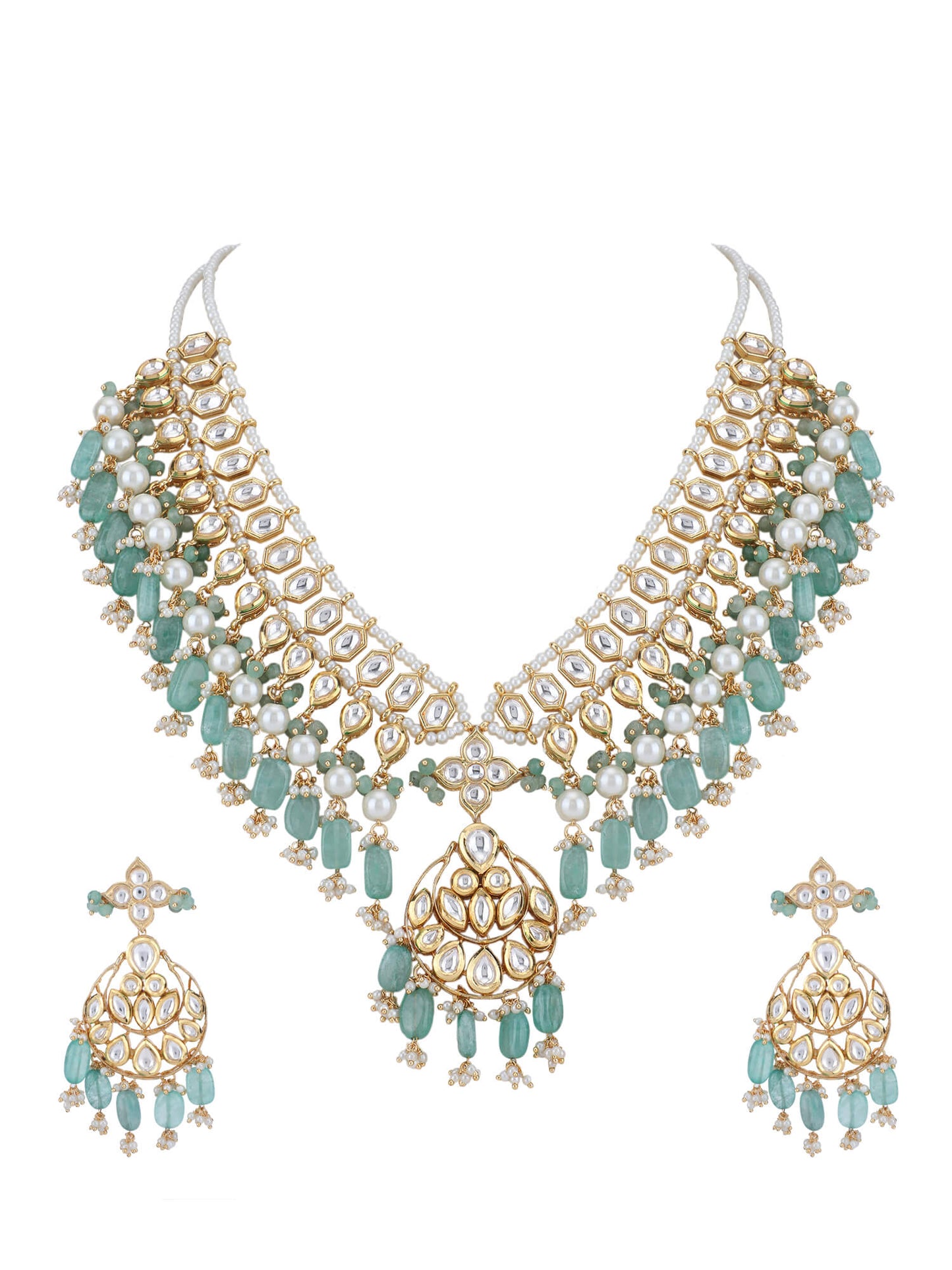 22KT Gold Plated Kundan Blue Beads Necklace Set