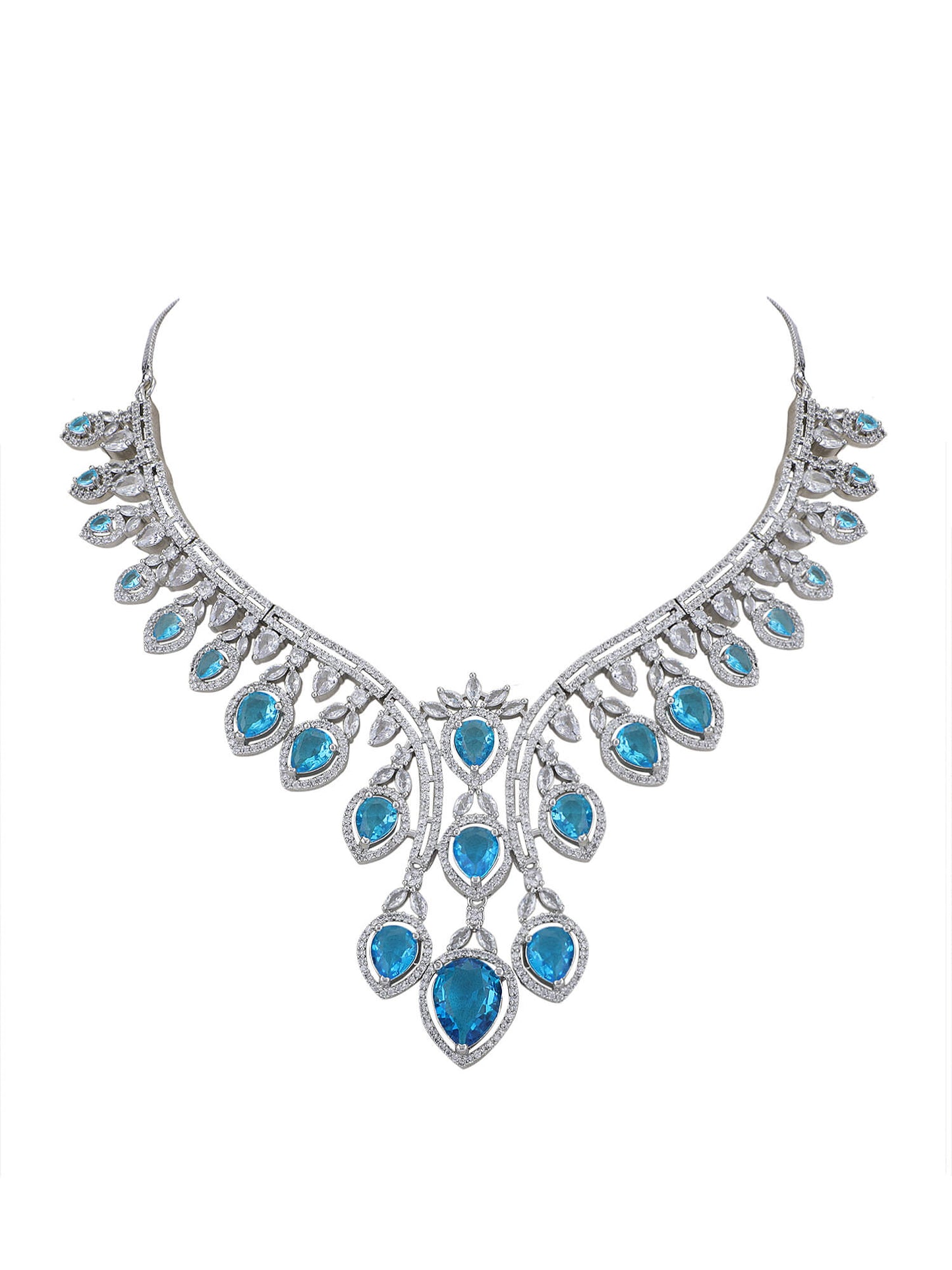 Rhodium Plated American Diamond Zircon Blue Necklace Set