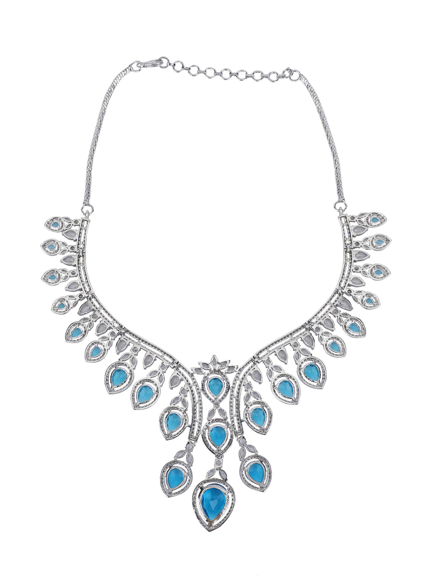 Rhodium Plated American Diamond Zircon Blue Necklace Set