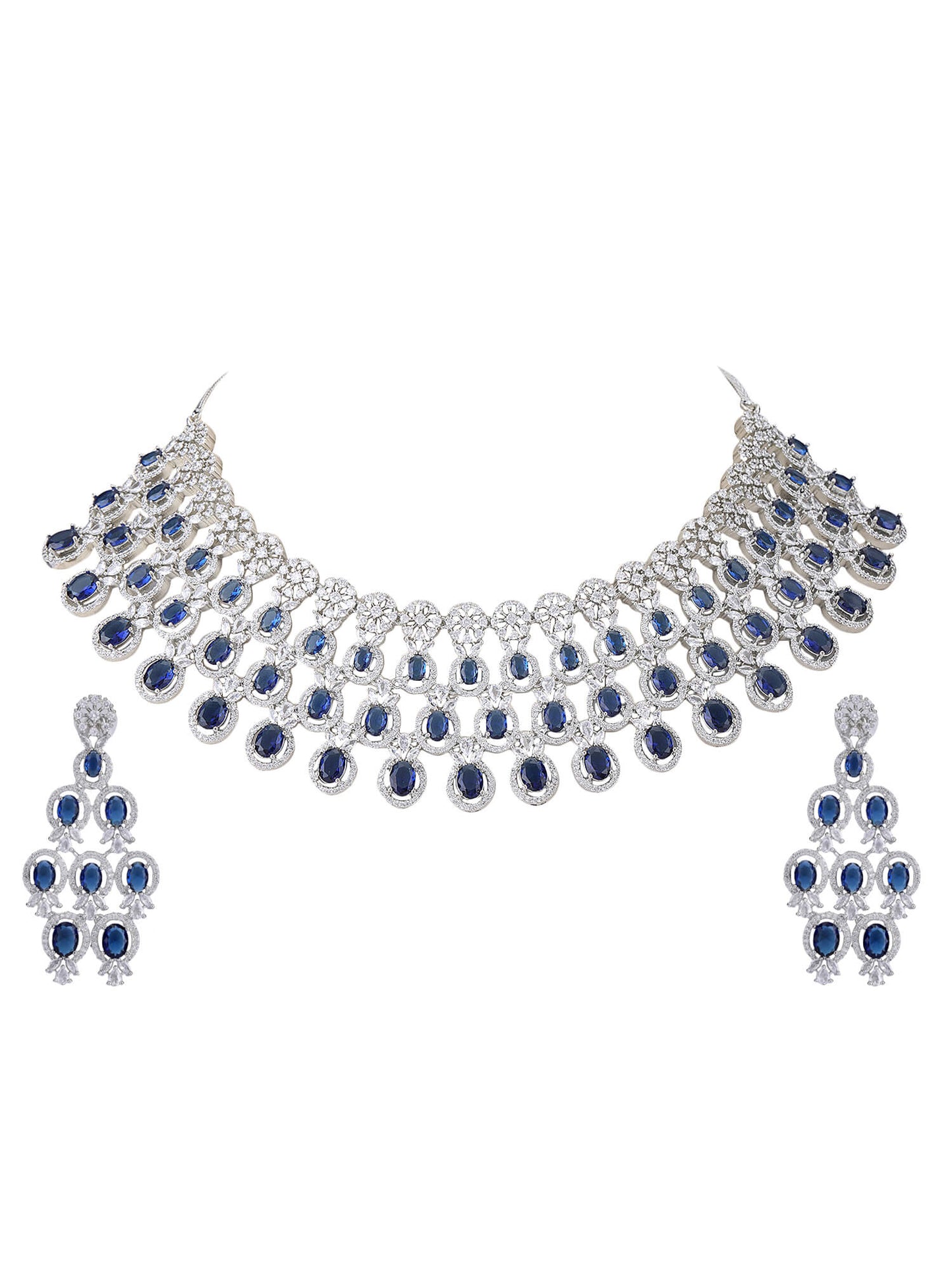 Rhodium Plated American Diamond Zircon Blue Necklace Set