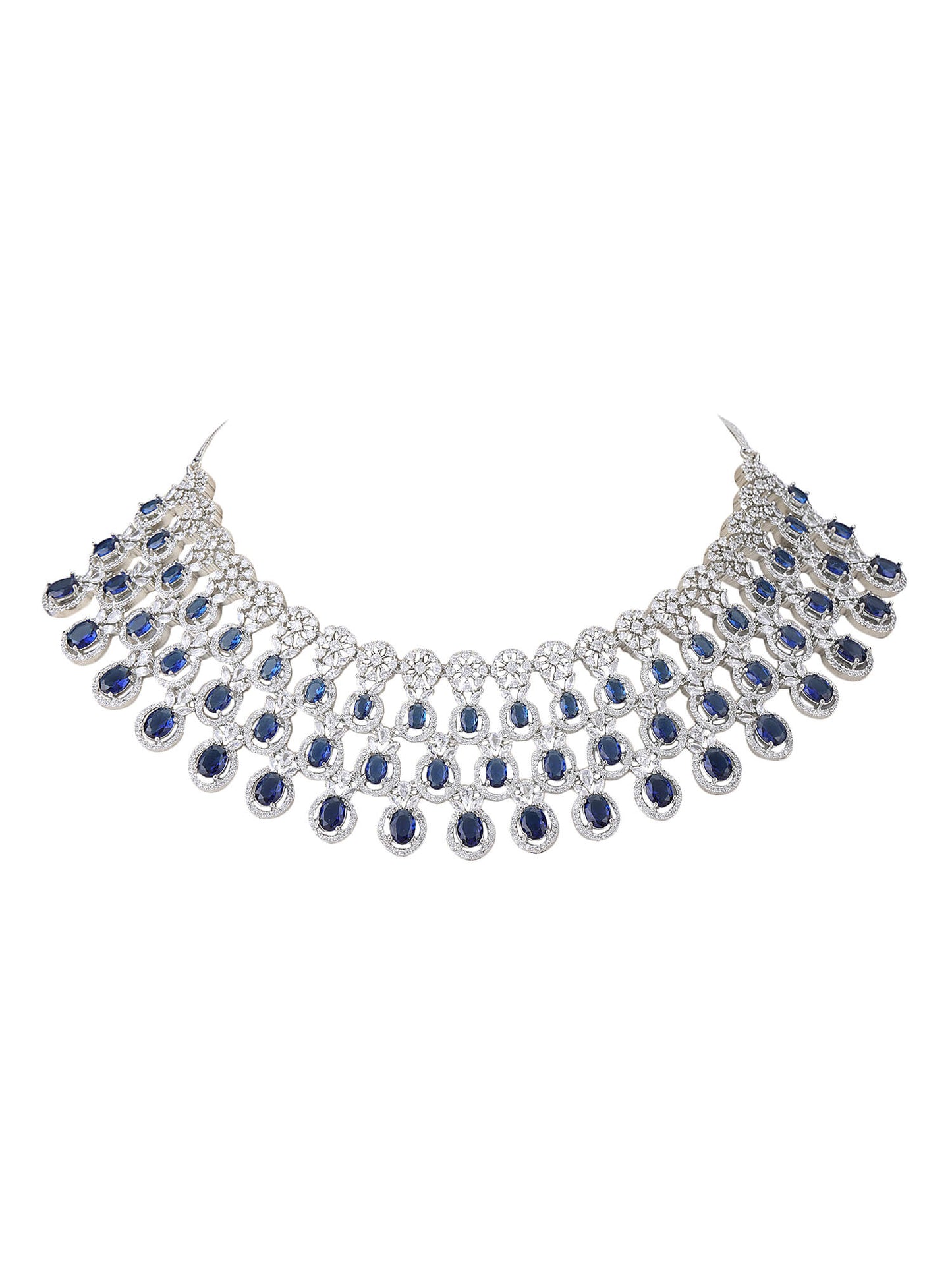 Rhodium Plated American Diamond Zircon Blue Necklace Set