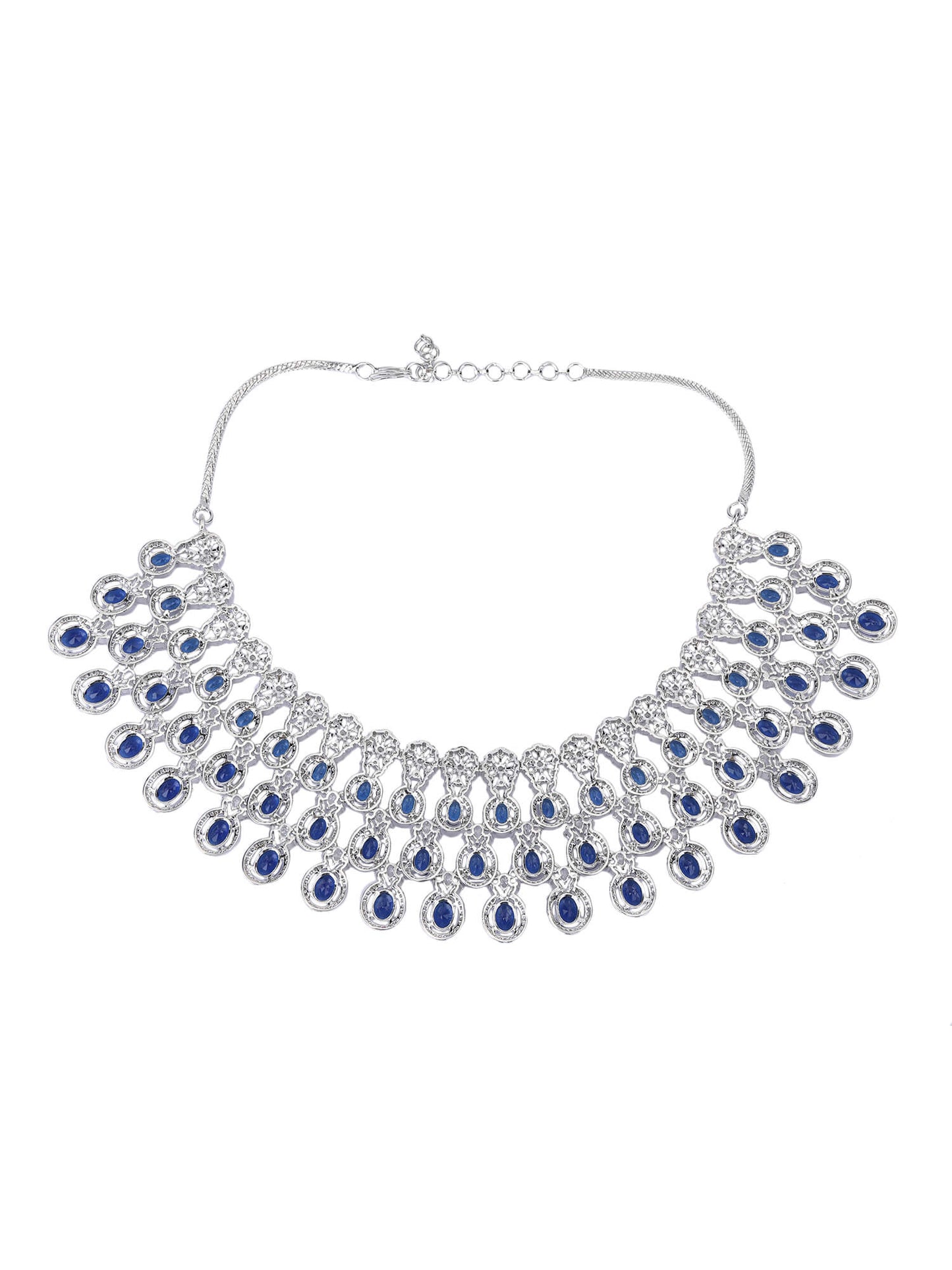 Rhodium Plated American Diamond Zircon Blue Necklace Set