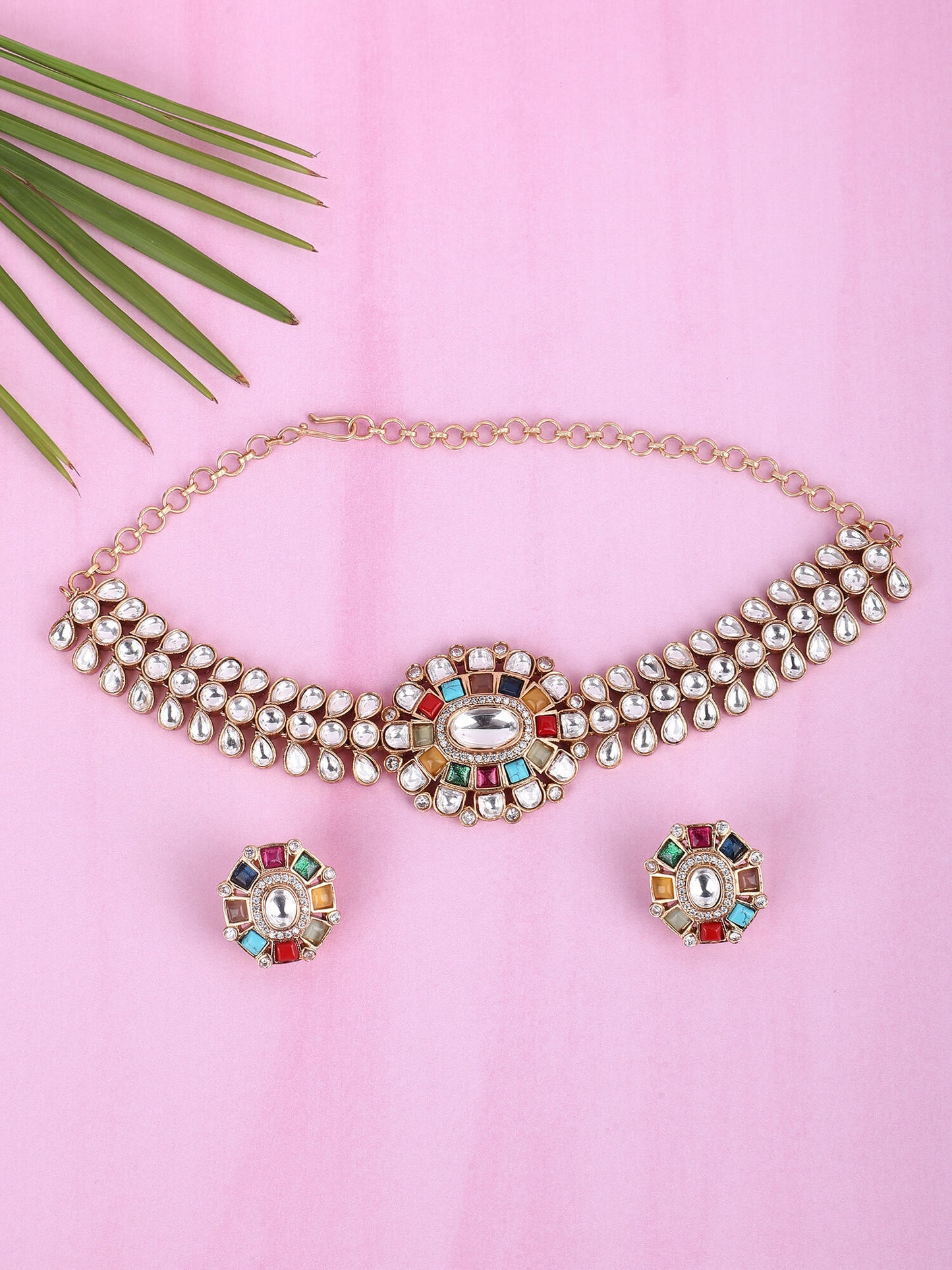 Gold Plated Kundan Navratna Choker Necklace Set 22KT