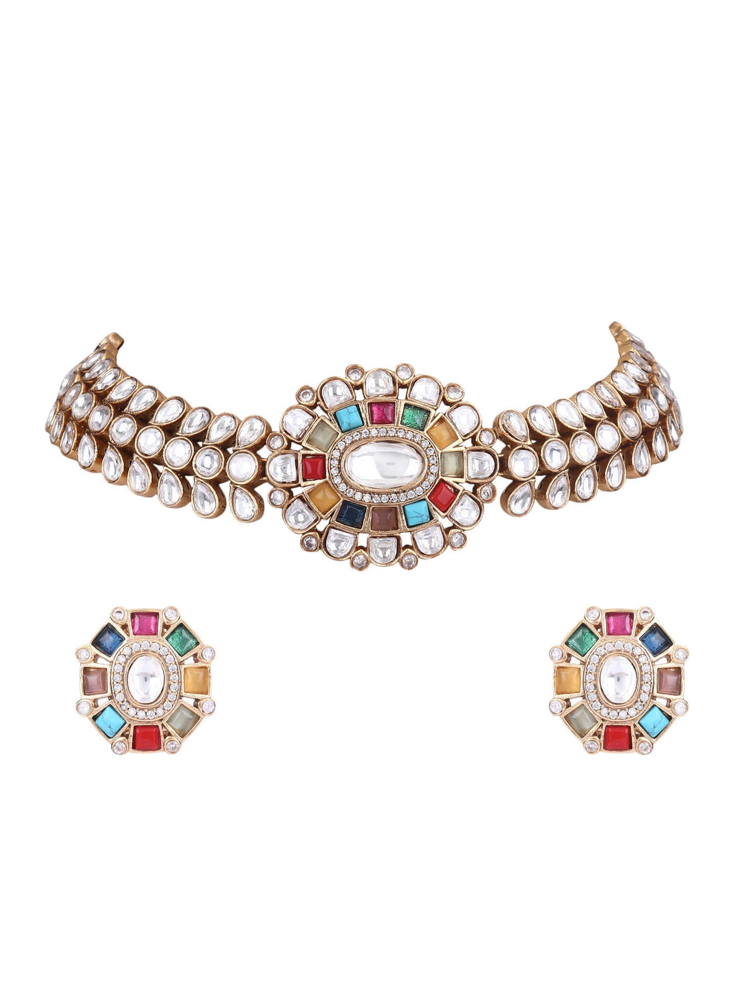 Gold Plated Kundan Navratna Choker Necklace Set 22KT