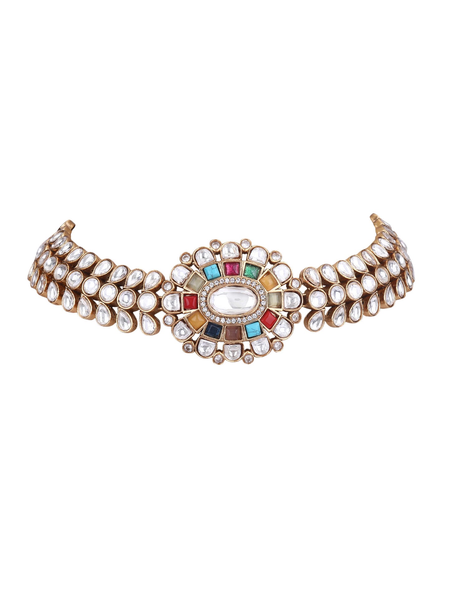Gold Plated Kundan Navratna Choker Necklace Set 22KT