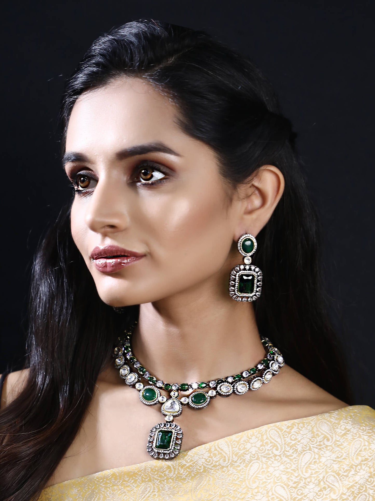 Rhodium Plated American Diamond Zircon Green Necklace Set