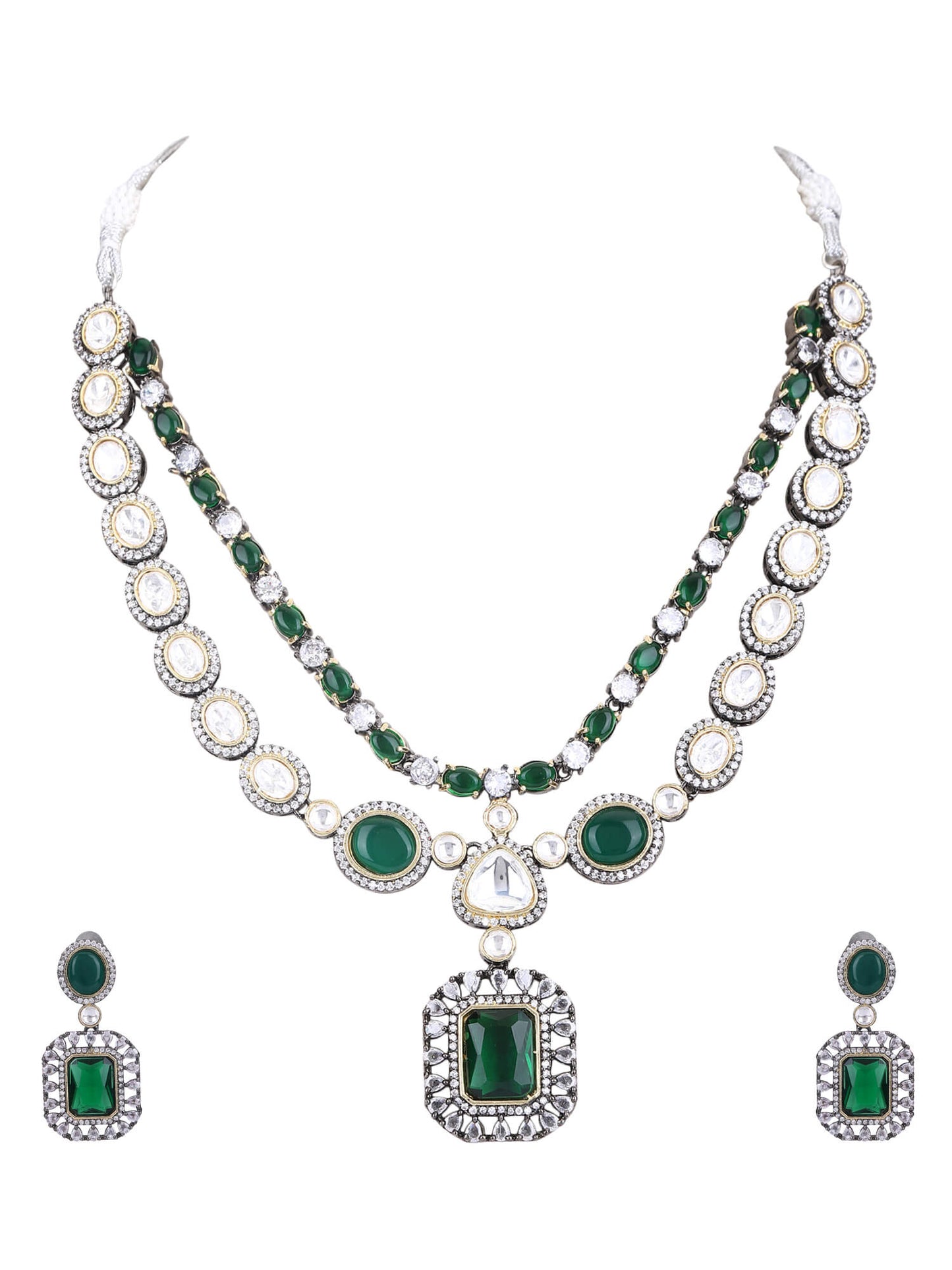 Rhodium Plated American Diamond Zircon Green Necklace Set