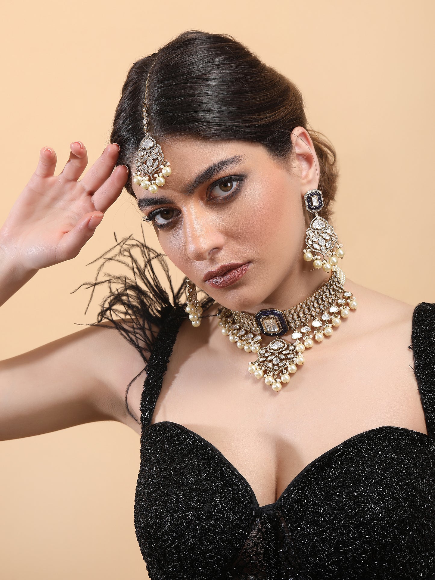 Bridal Choker Necklace Set With Jades & Pearl Drops