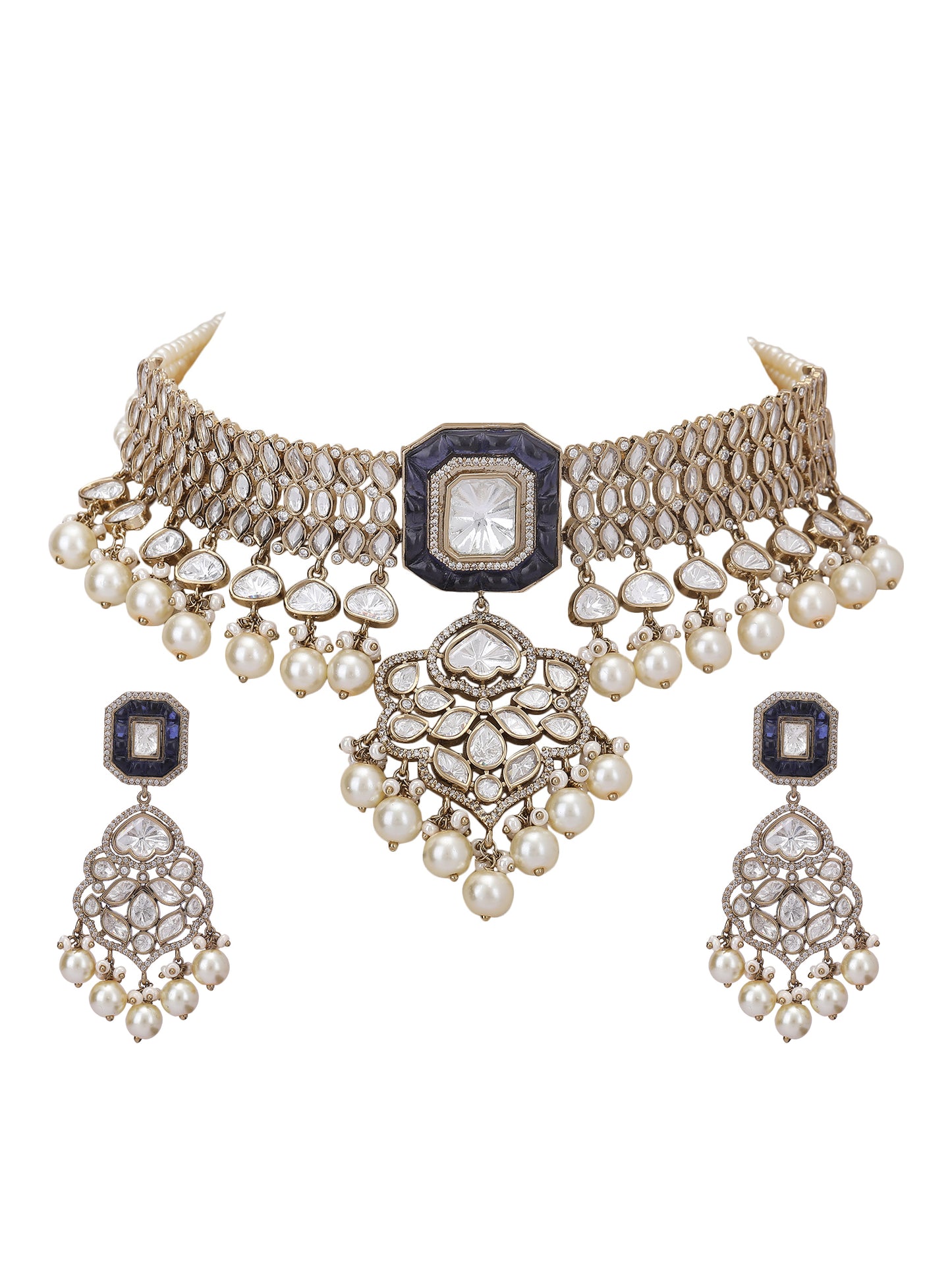 Bridal Choker Necklace Set With Jades & Pearl Drops