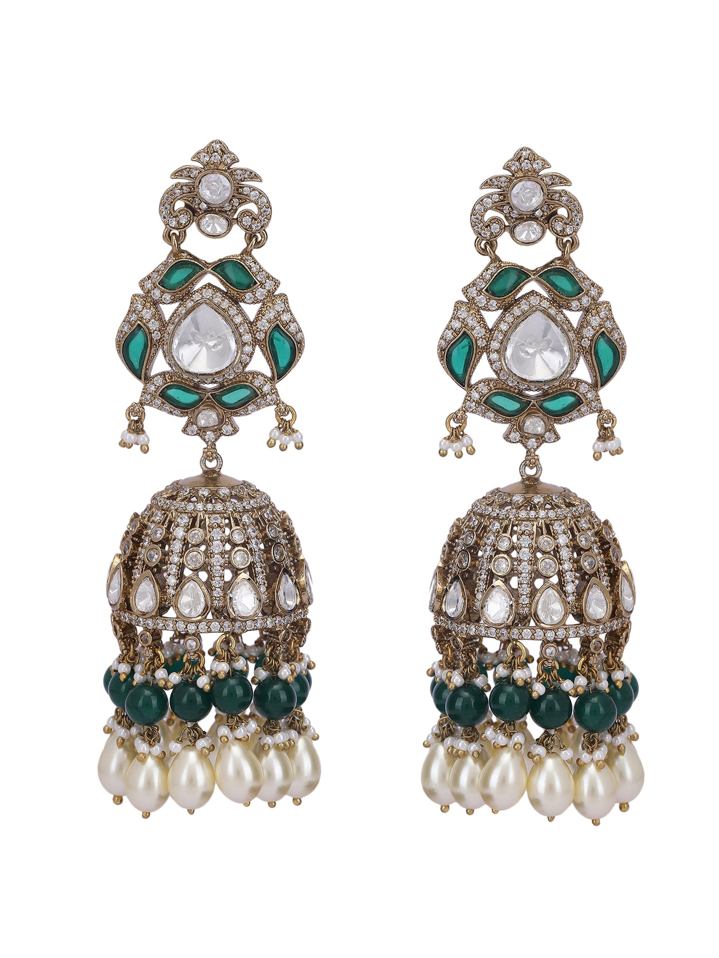 Green & Gold Polki Jhumka Earrings With Jade Tumbles