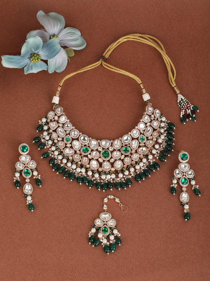 Green Polki Bridal Necklace Set For Girls