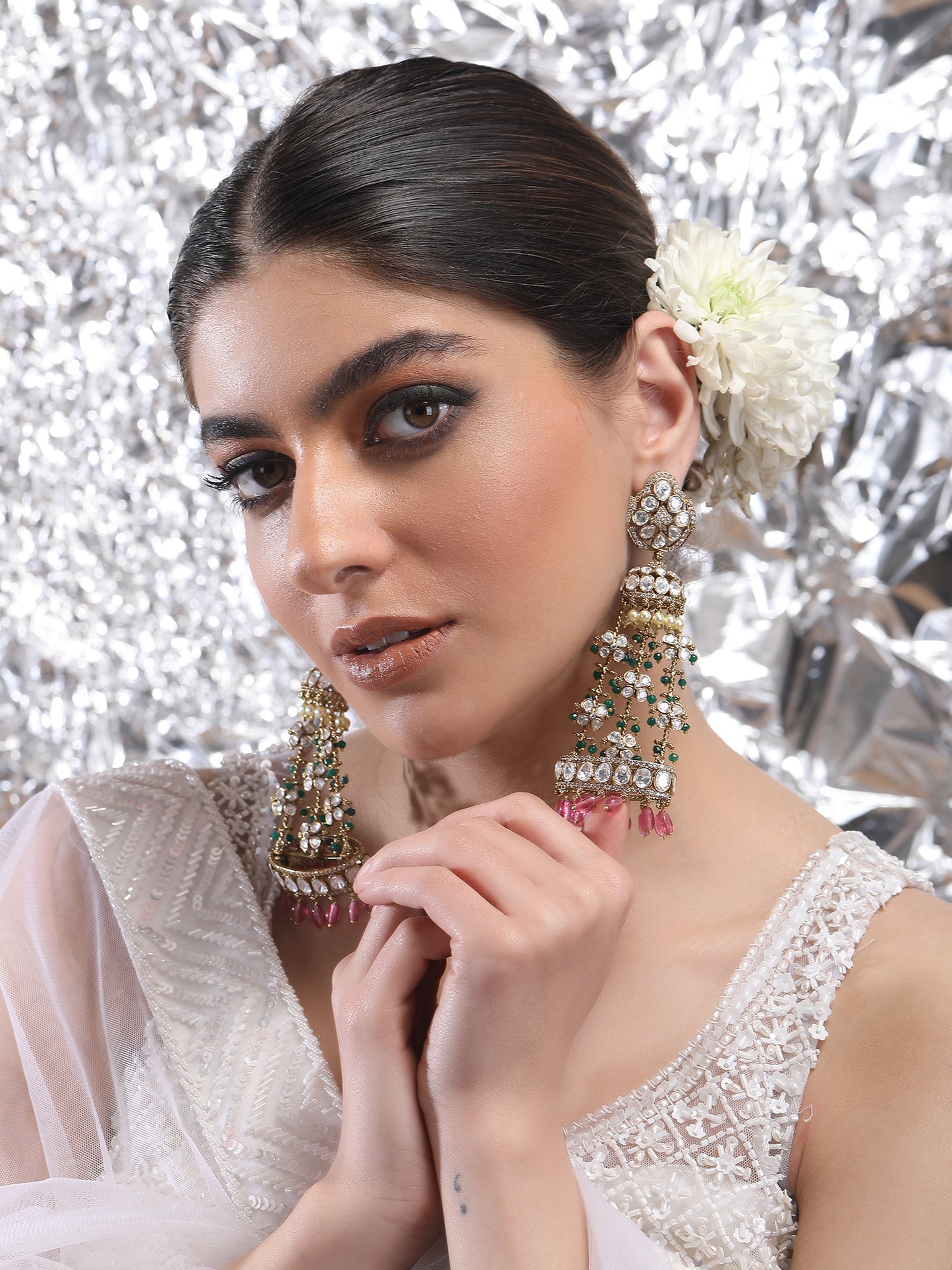 Multi Coloured Polki Jhumka Earrings