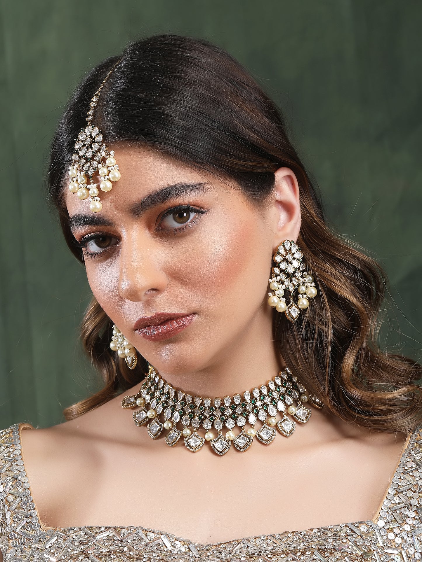 Elegant Pearl & Kundan Choker Necklace Set with Maang Tikka