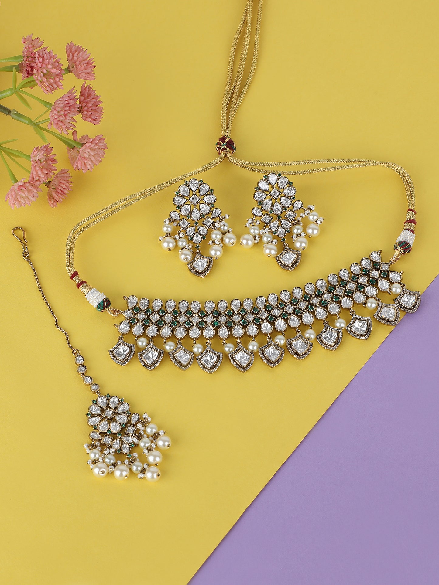 Elegant Pearl & Kundan Choker Necklace Set with Maang Tikka