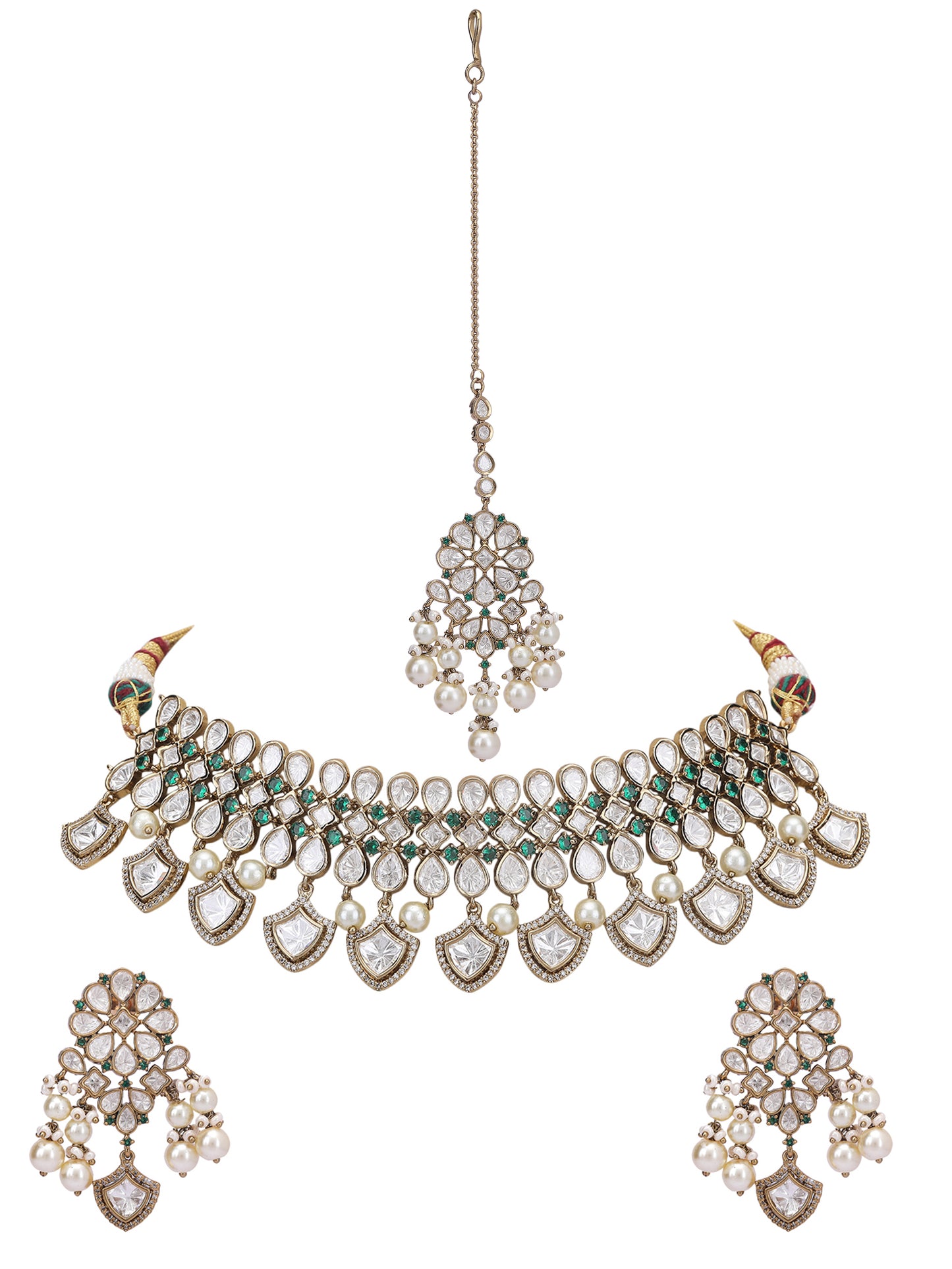 Elegant Pearl & Kundan Choker Necklace Set with Maang Tikka