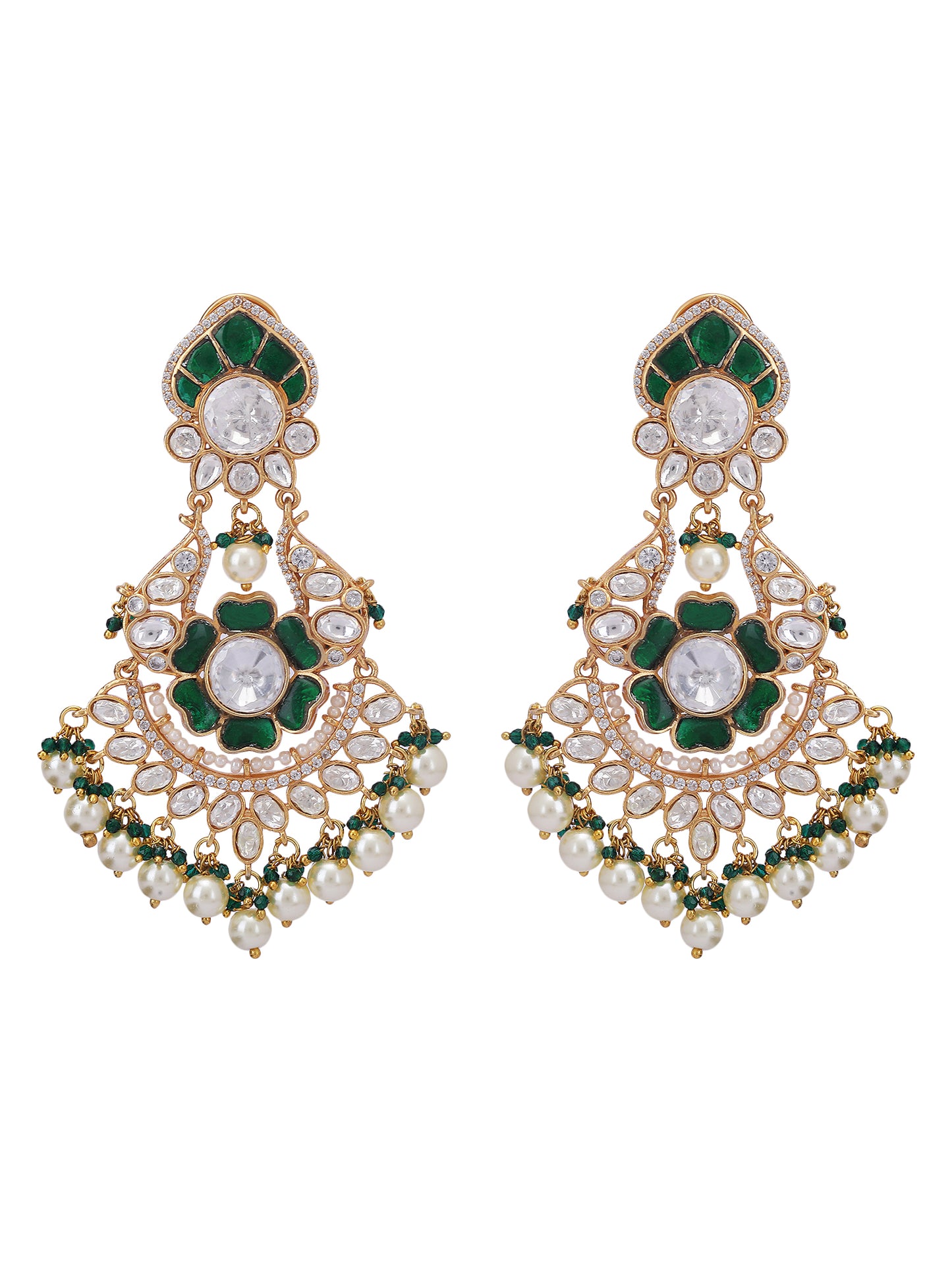 White, Gold & Green Kundan Polki Pearl Earrings