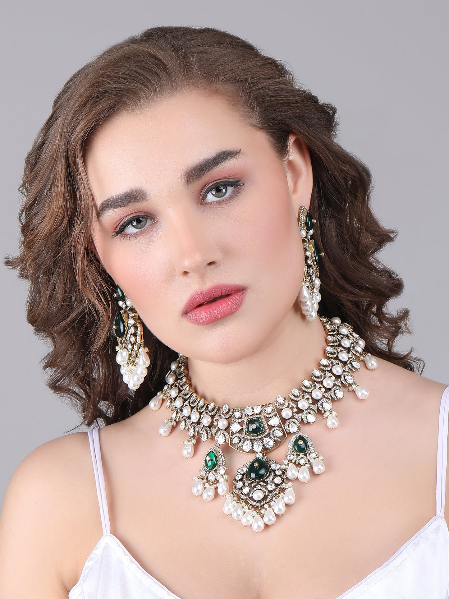 Rhodium Plated American Diamond Zircon Green Necklace Set