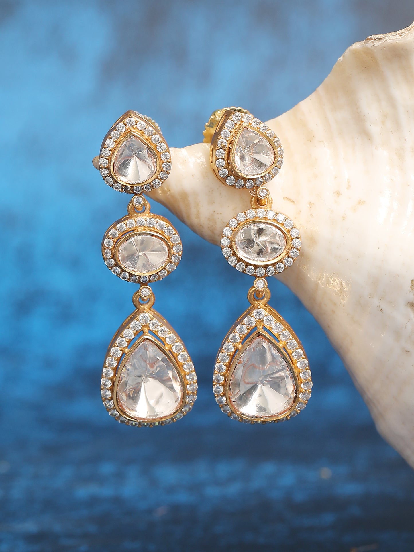 Gold-Plated Zircon Stoned Teardrop Drop Earring