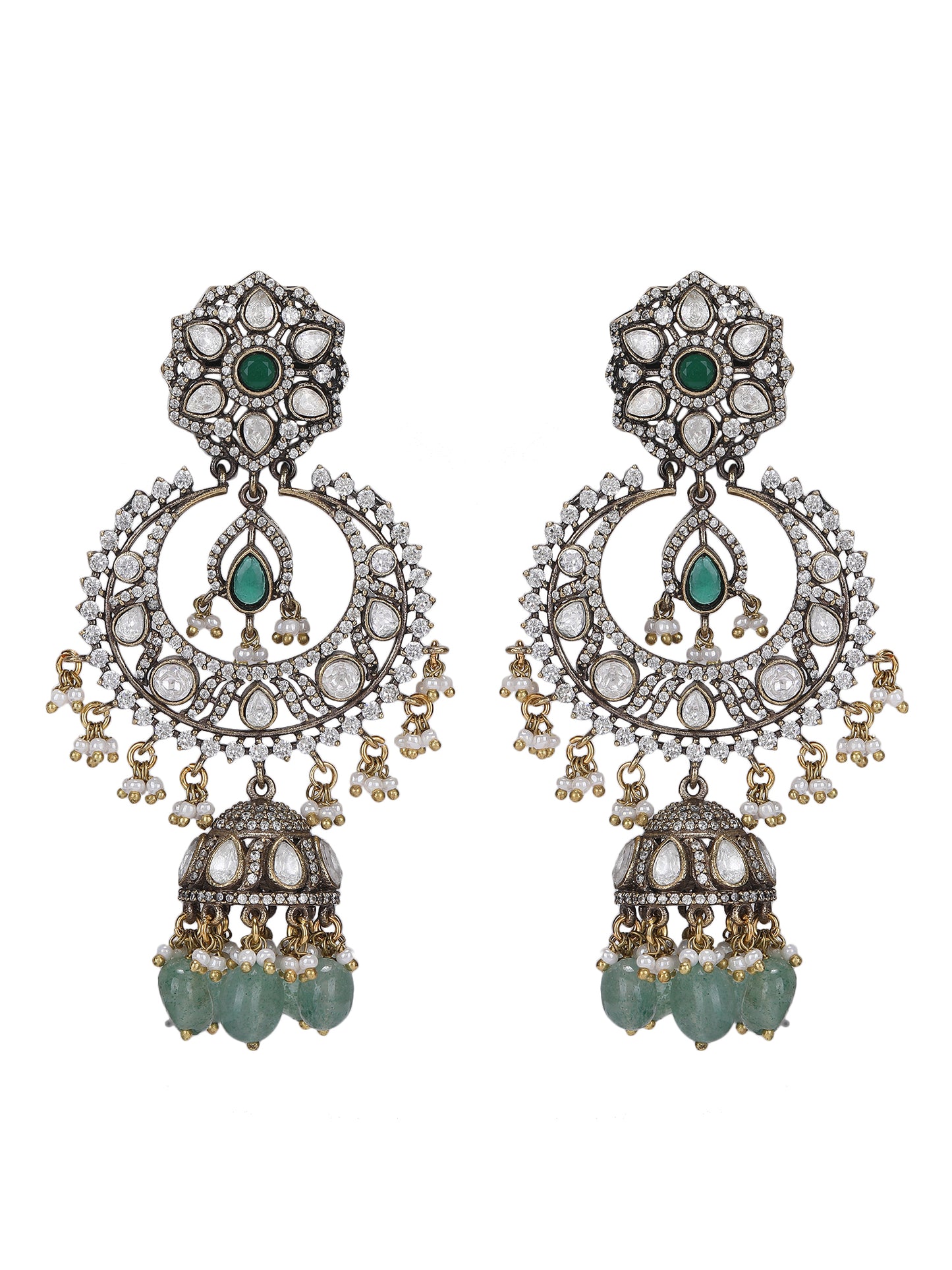 Rhodium Plated Green Stone Jhumkas