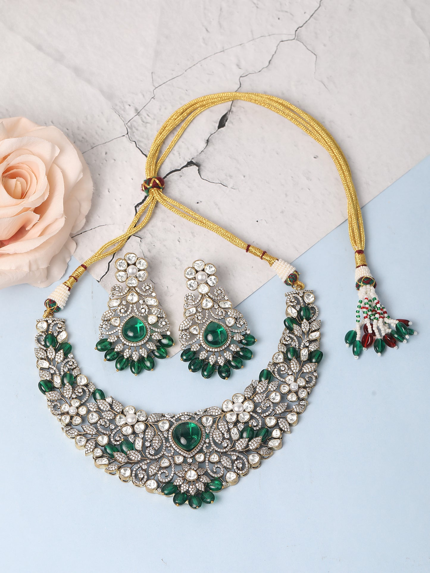 Rhodium Plated Zircon Green Necklace Set