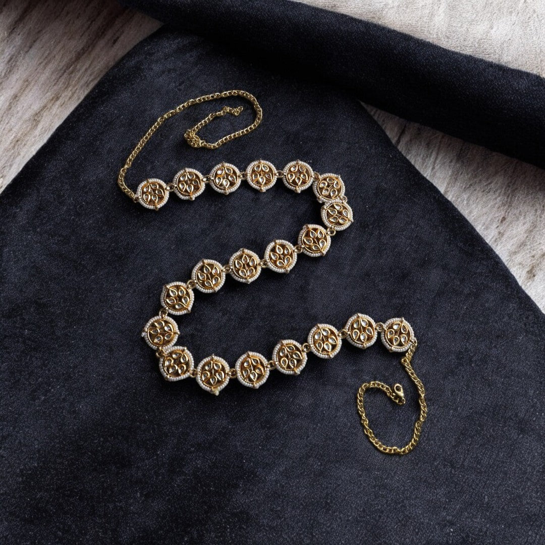 Gold Finish Polki & Pearls Waist Belt
