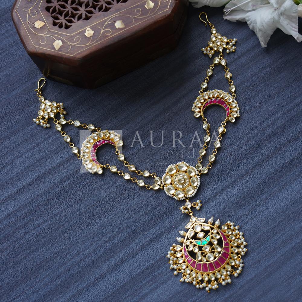 Gold-Plated Kundan & Pearl Matha Patti – Bridal Headpiece