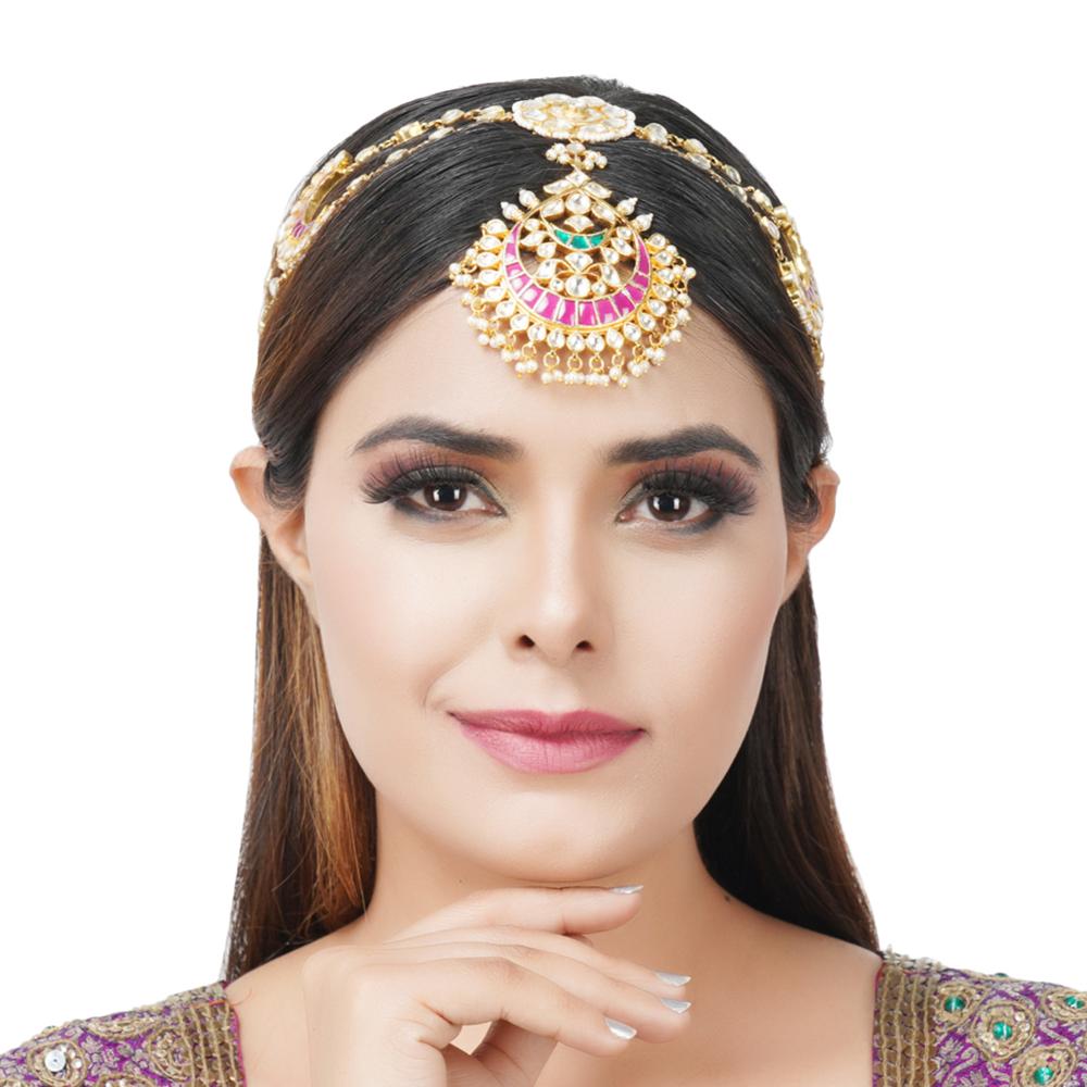 Gold-Plated Kundan & Pearl Matha Patti – Bridal Headpiece