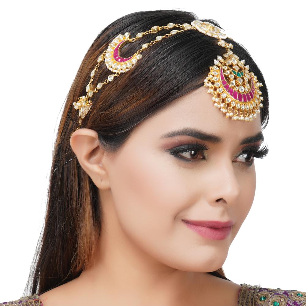 Gold-Plated Kundan & Pearl Matha Patti – Bridal Headpiece