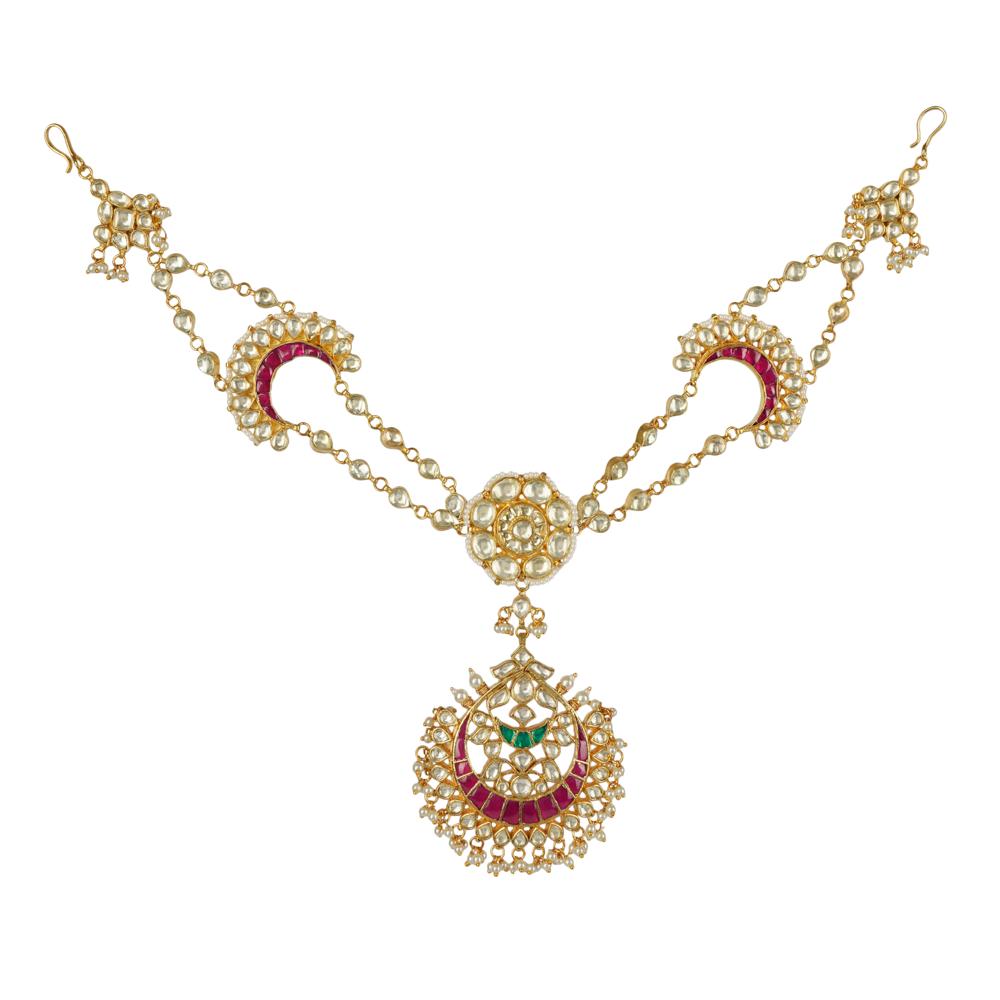 Gold-Plated Kundan & Pearl Matha Patti – Bridal Headpiece