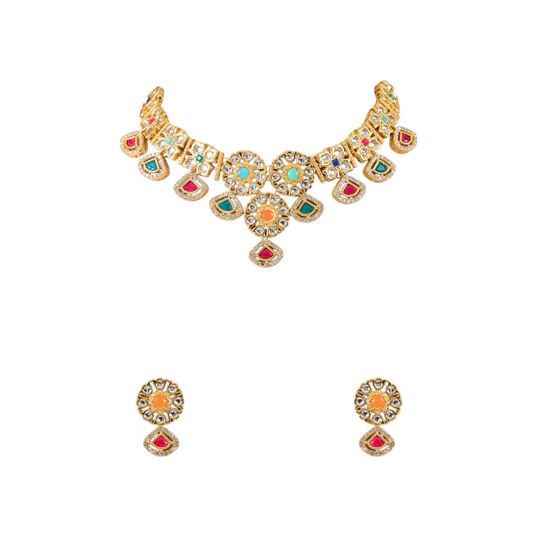 Multicolor Kundan Bridal Choker Necklace Set with Matching Earrings