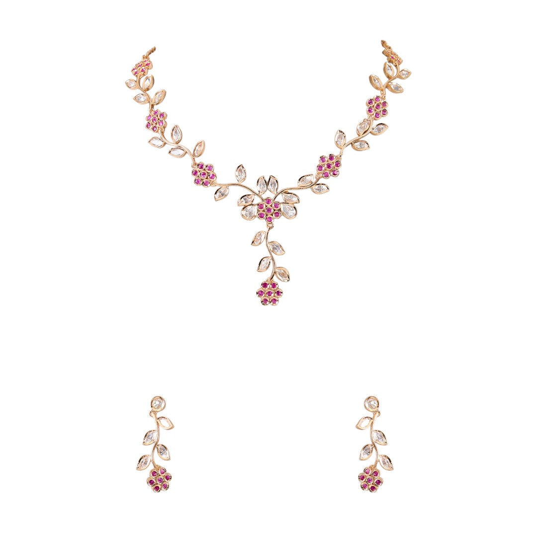Gold-Toned Floral Kundan Necklace Set featuring Pink Stone Accents