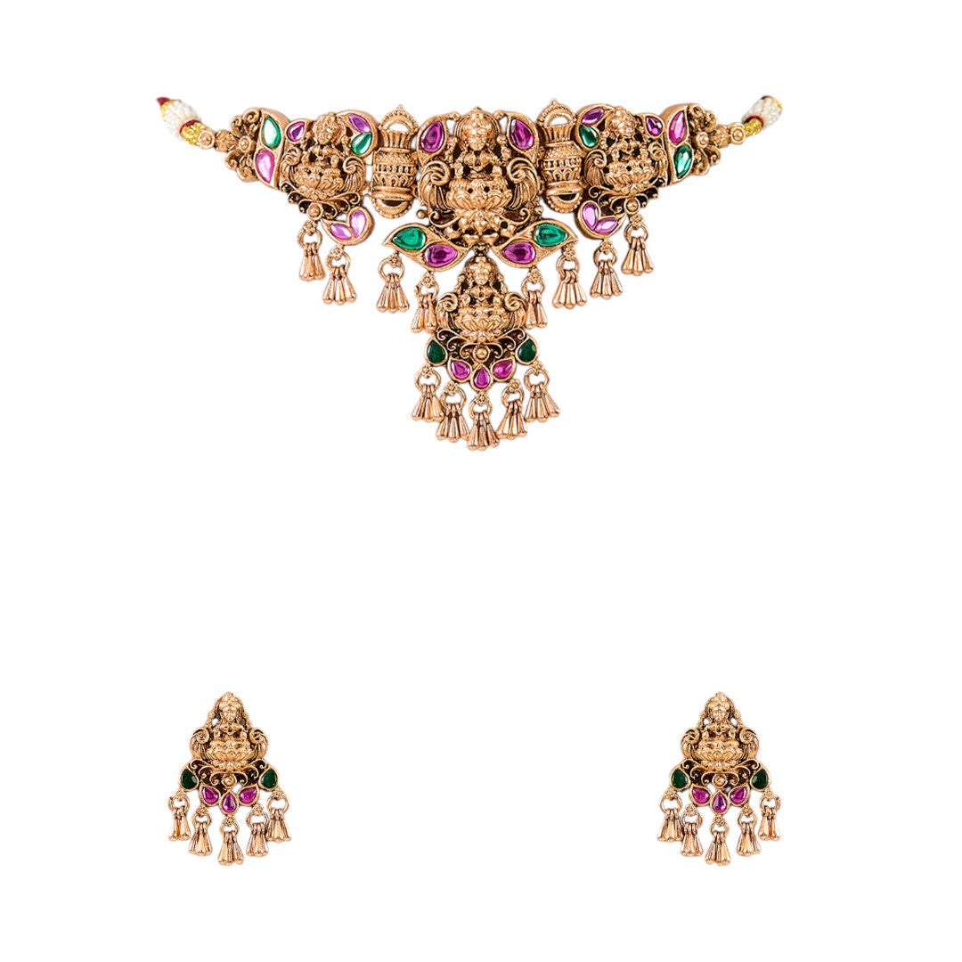 Antique Gold Temple Choker Necklace Set in Multicolor Kundan and Pearl Embellishments