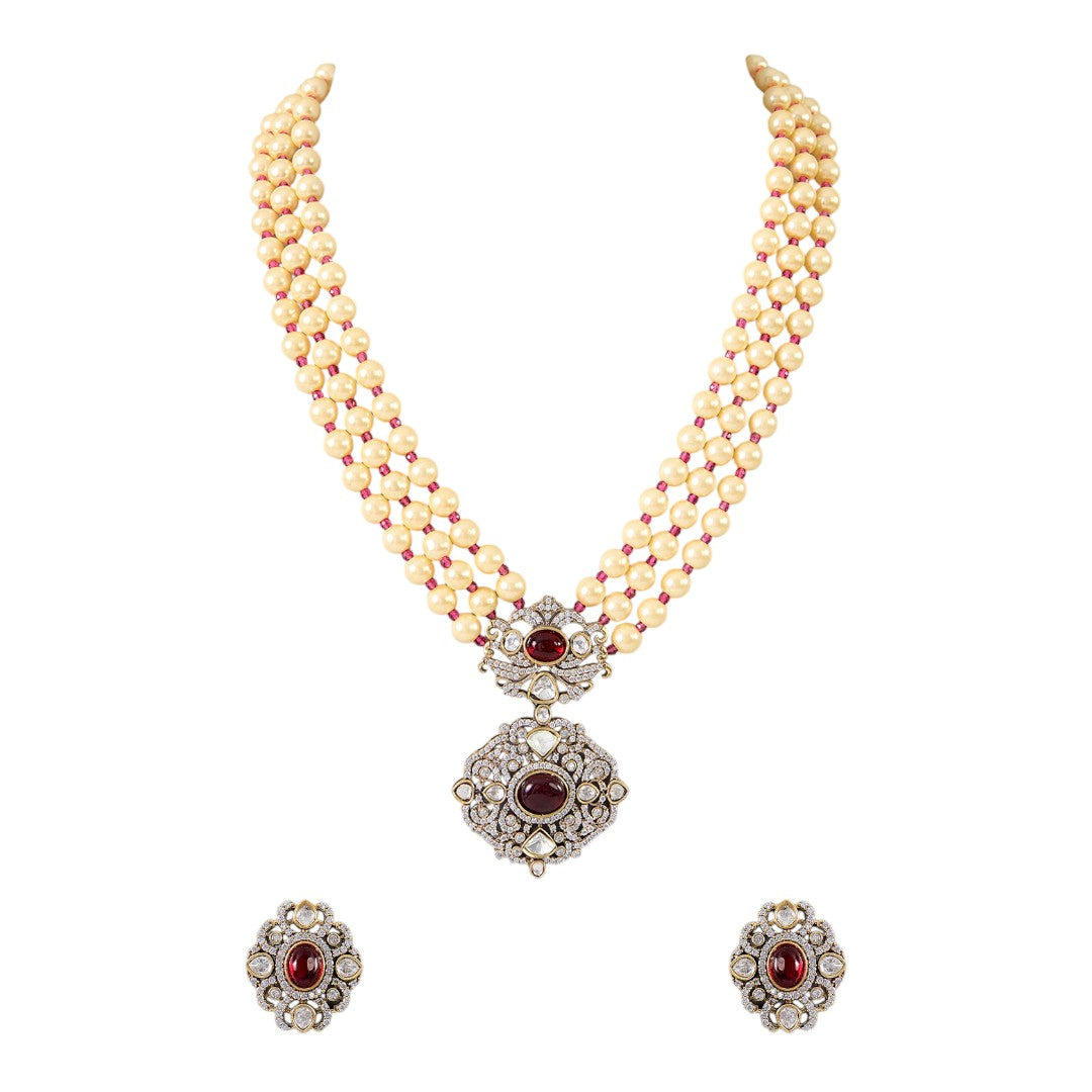Stunning Triple-Layer Pearl Necklace Set with Antique Kundan Pendant and Earrings