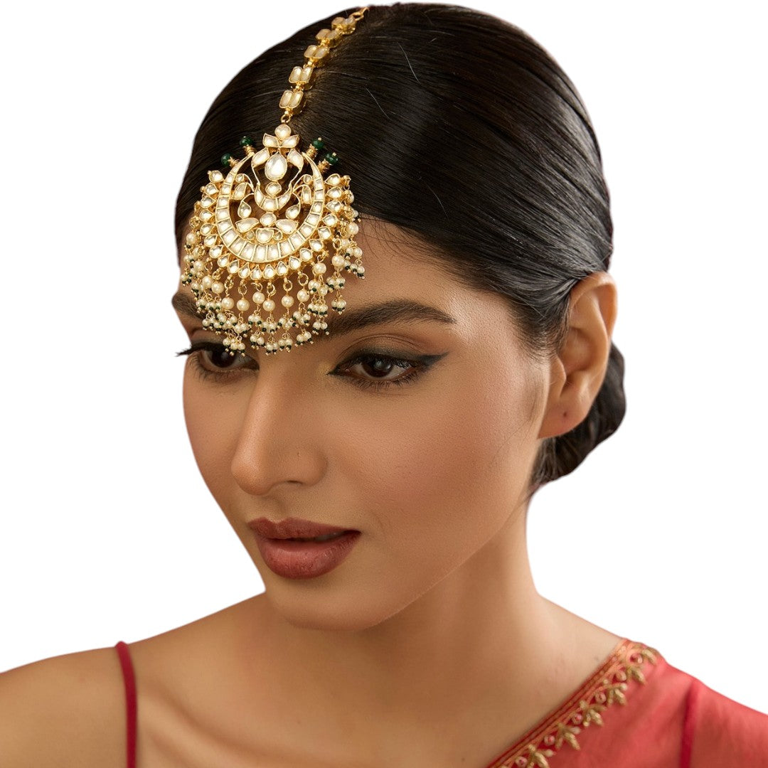 Gold Finish Kundan Polki & Pearl Maangtikka