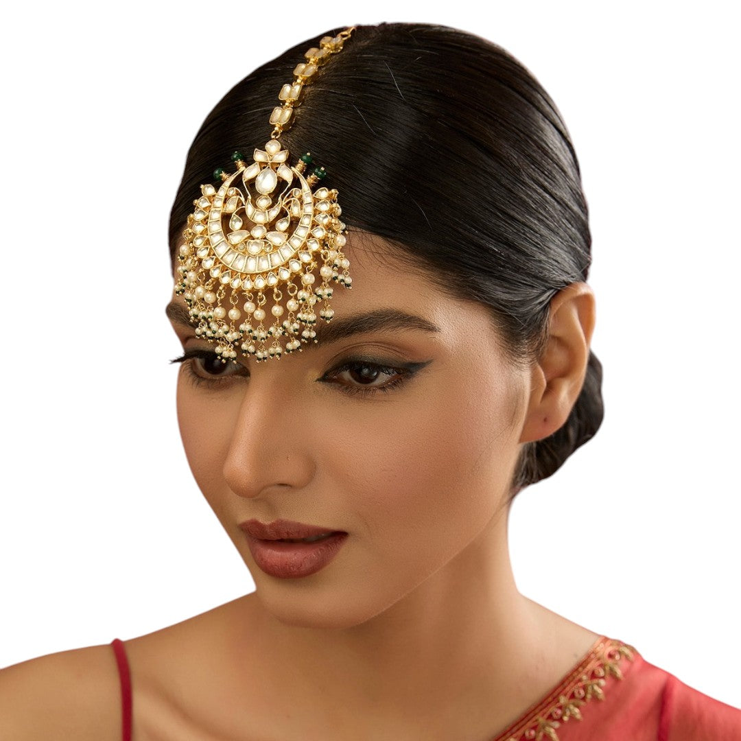 Gold Finish Kundan Polki & Pearl Maangtikka