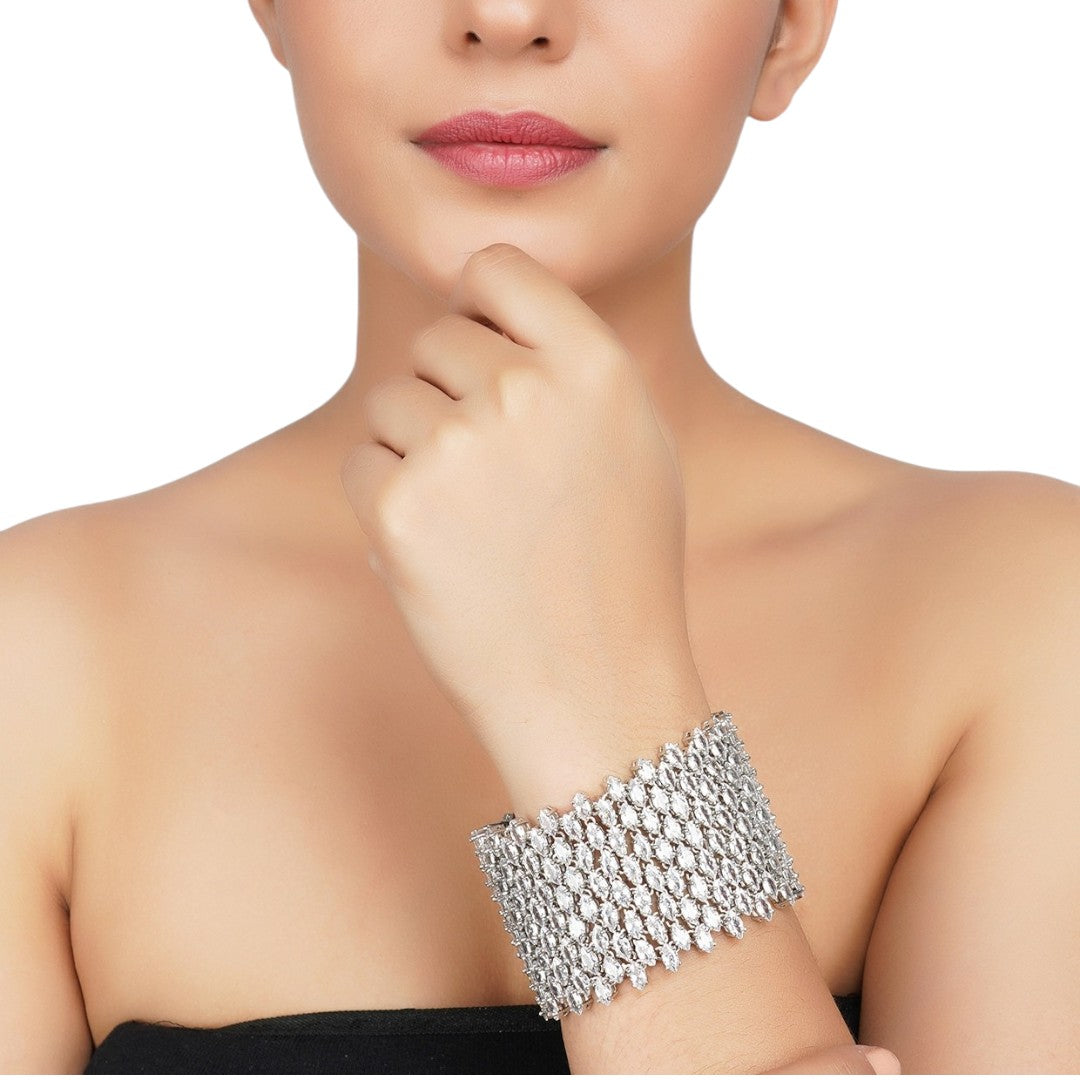 Exquisite Wide Moissanite Cuff Bracelet in Silver Finish