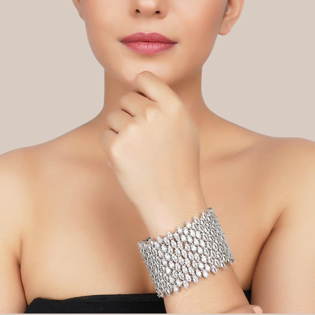 Exquisite Wide Moissanite Cuff Bracelet in Silver Finish