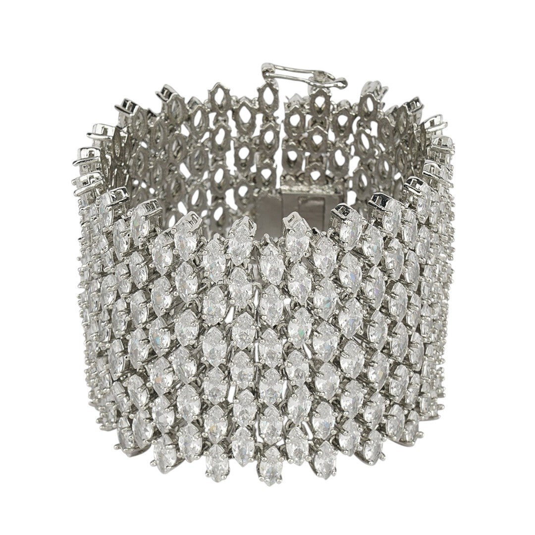 Exquisite Wide Moissanite Cuff Bracelet in Silver Finish